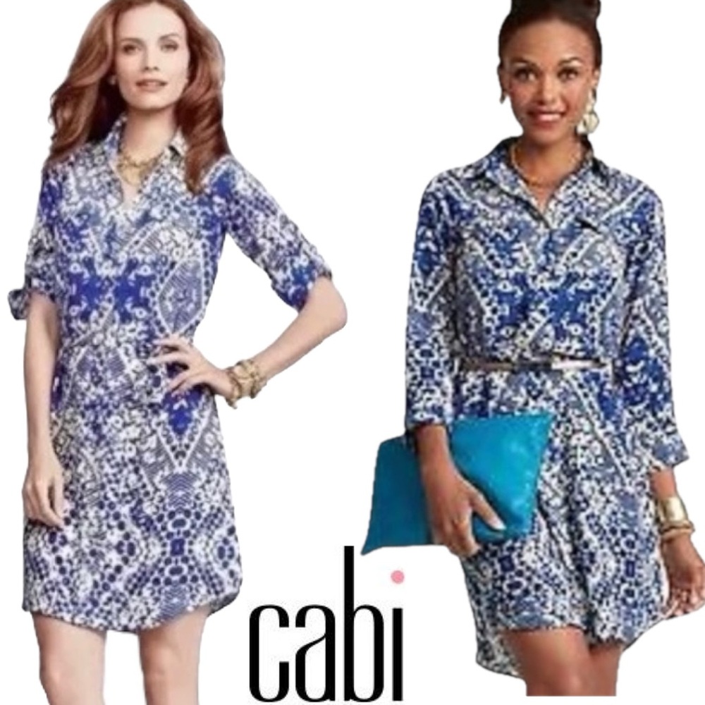 CAbi 422 Jewel Shirt Mini Dress Blue/Tan Button Down Belted 3/4 Sleeves Medium